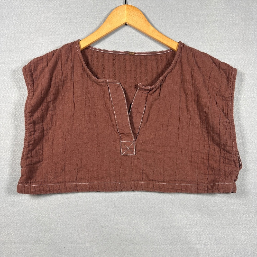 Free People Brown Gauze Split Neck Crop Top Sleeveless Boho Festival Organic